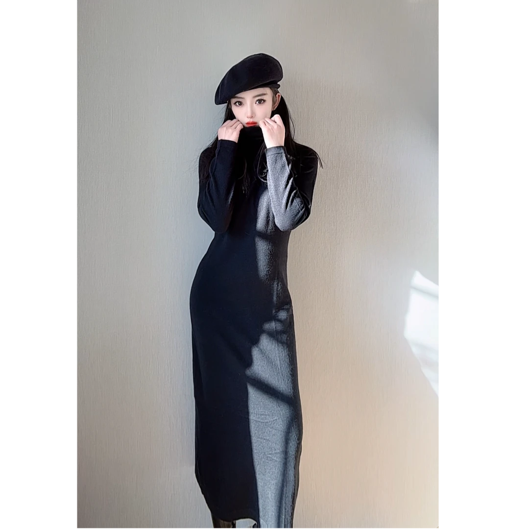 LING ZHOU XUE/灵州雪修身气质秋冬显瘦长款打底女士套裙24007