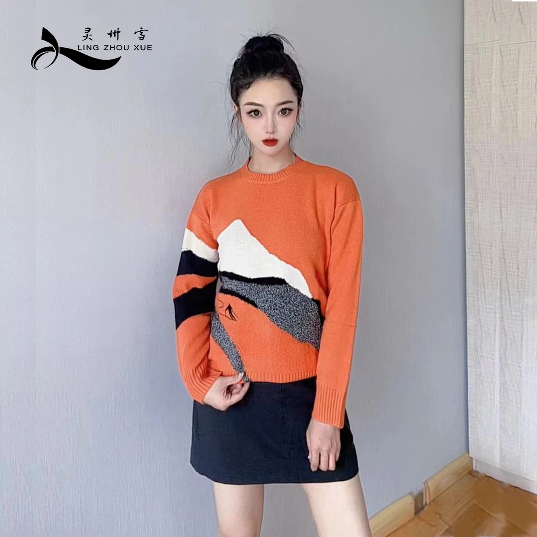 LING ZHOU XUE/灵州雪女士圆领拼色时尚套衫羊绒衫2121120230