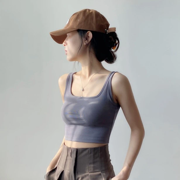 方领吊带背心女春夏美背运动无袖外穿内搭带胸垫一体白色打底上衣