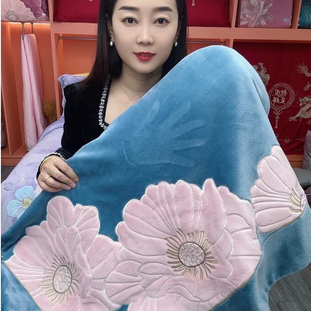 【绽放蓝】加厚贴布绣花四件套婴肤绒牛奶绒被套柔软被罩床单枕套