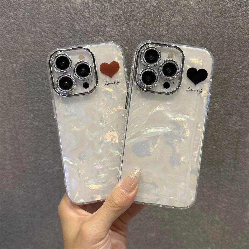 闪粉镜头膜苹果15手机壳13贝壳纹爱心iPhone14promax防摔11全包12
