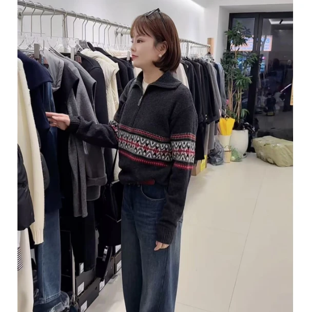 复古半拉链菱格提花套头毛衣