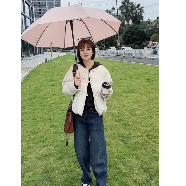 韩系三粒扣无领宽松短款羽绒服