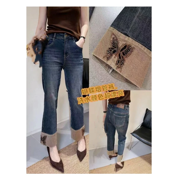 秋款时尚蝴蝶刺绣卷边烟管裤269