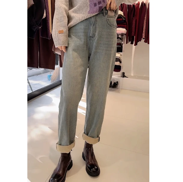 后松紧腰加绒牛仔老爹裤