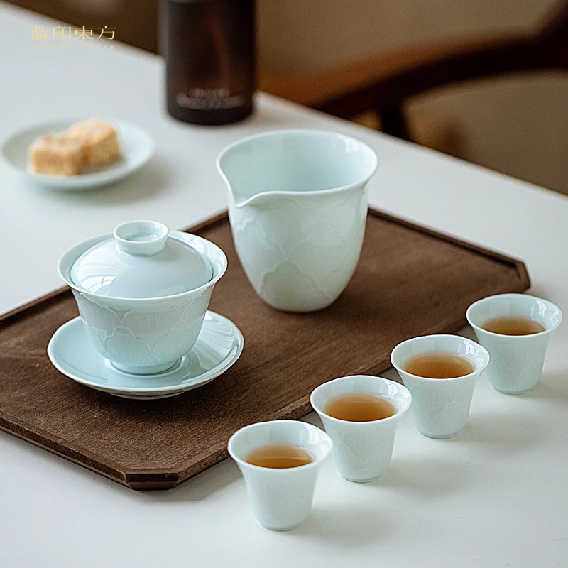 蓝印东方景德镇茶具套装家用中式陶瓷雕刻三才盖碗茶杯功夫茶具