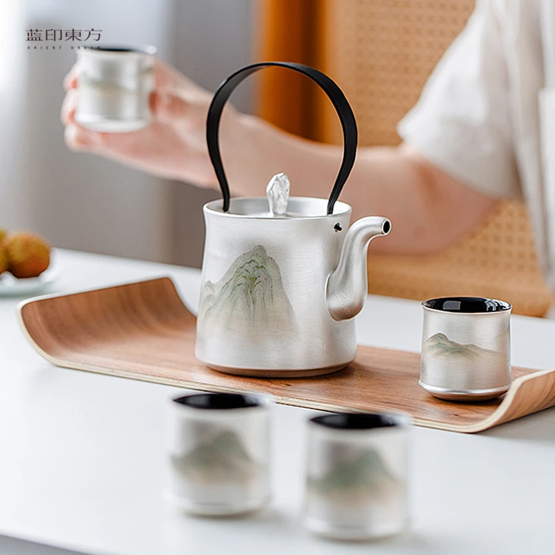 蓝印东方景德镇陶瓷刷银茶具套装家用中式简约提梁壶泡茶壶摆件