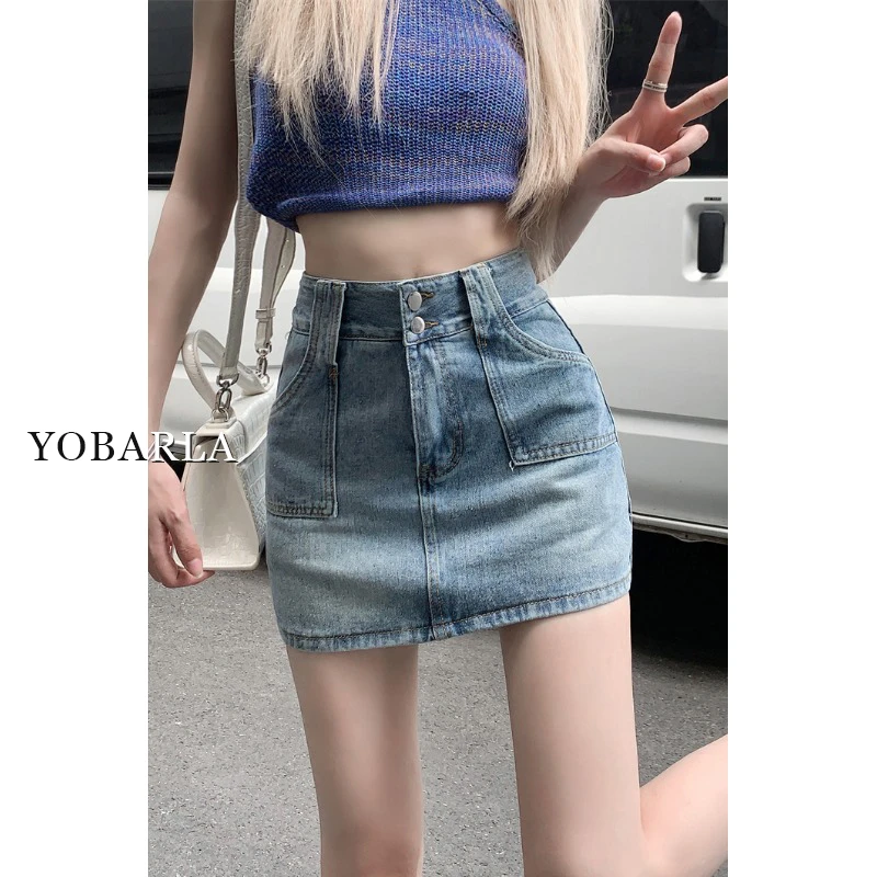 YOBARLA复古蓝高腰牛仔短裙女秋冬新款大码宽松显瘦遮肚a字半身裙