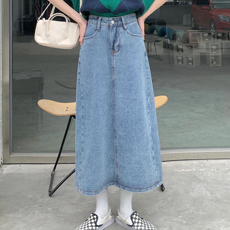 复古蓝大码开叉牛仔半身裙女秋冬新款高腰中长款百搭包臀A字裙子