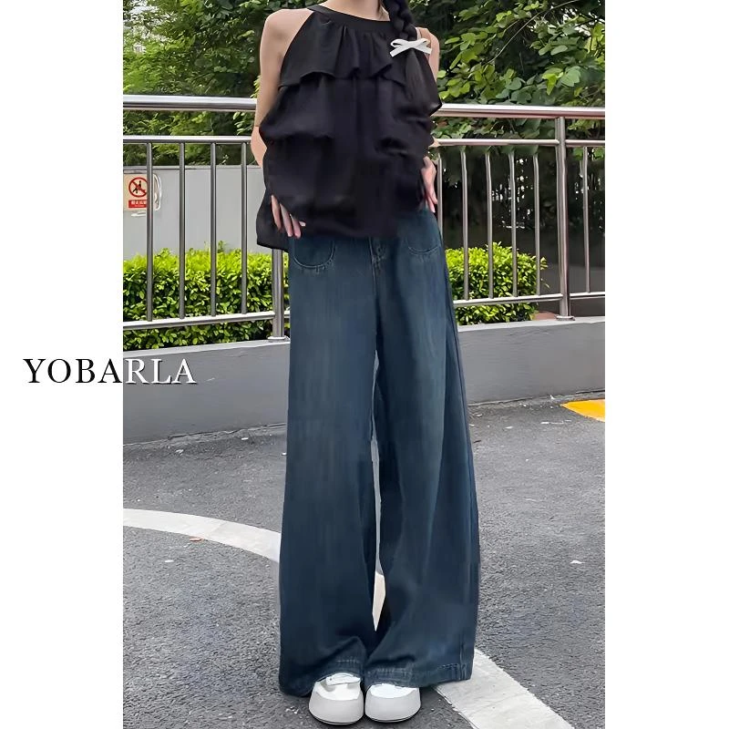 蓝色直筒牛仔裤女春季新款高腰大码宽松显瘦拖地梨形身材阔腿裤