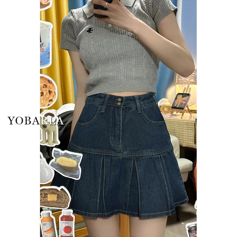 YOBARLA高腰百褶牛仔半身裙女秋冬大码遮肚显瘦梨形身材a字短裙