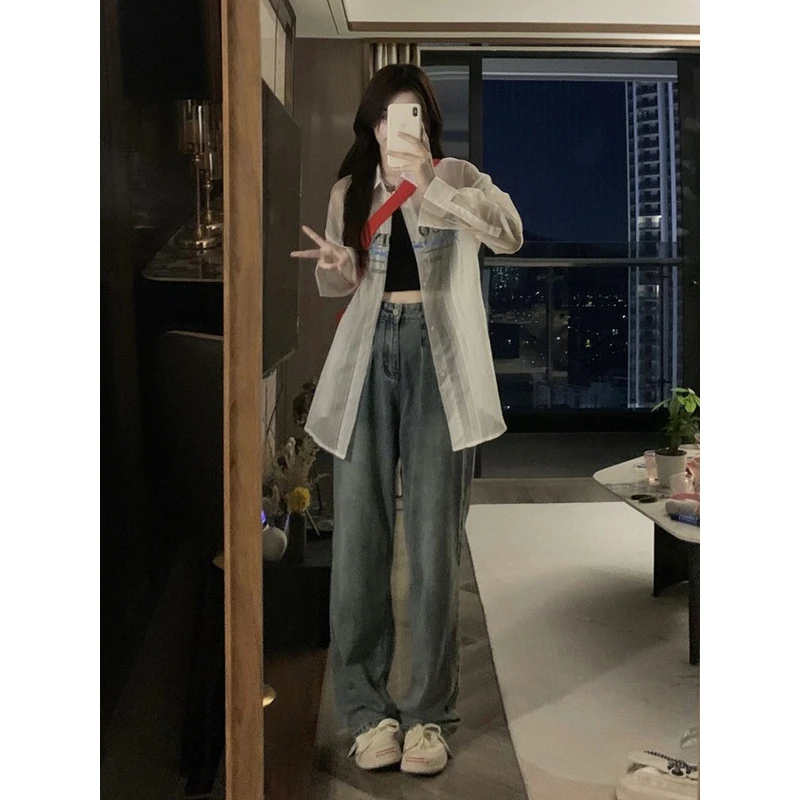 浅色高腰直筒牛仔裤女秋冬大码胖mm梨形身材宽松加绒阔腿长裤