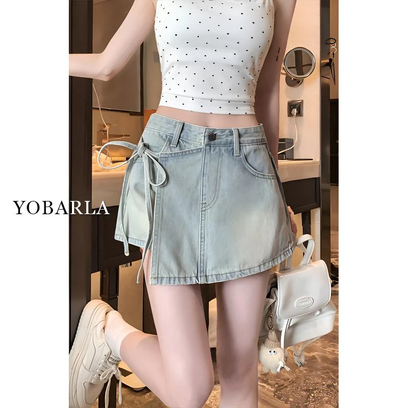 浅蓝色不规则高腰牛仔半身裙女秋冬新款大码宽松显瘦绑带a字裙裤