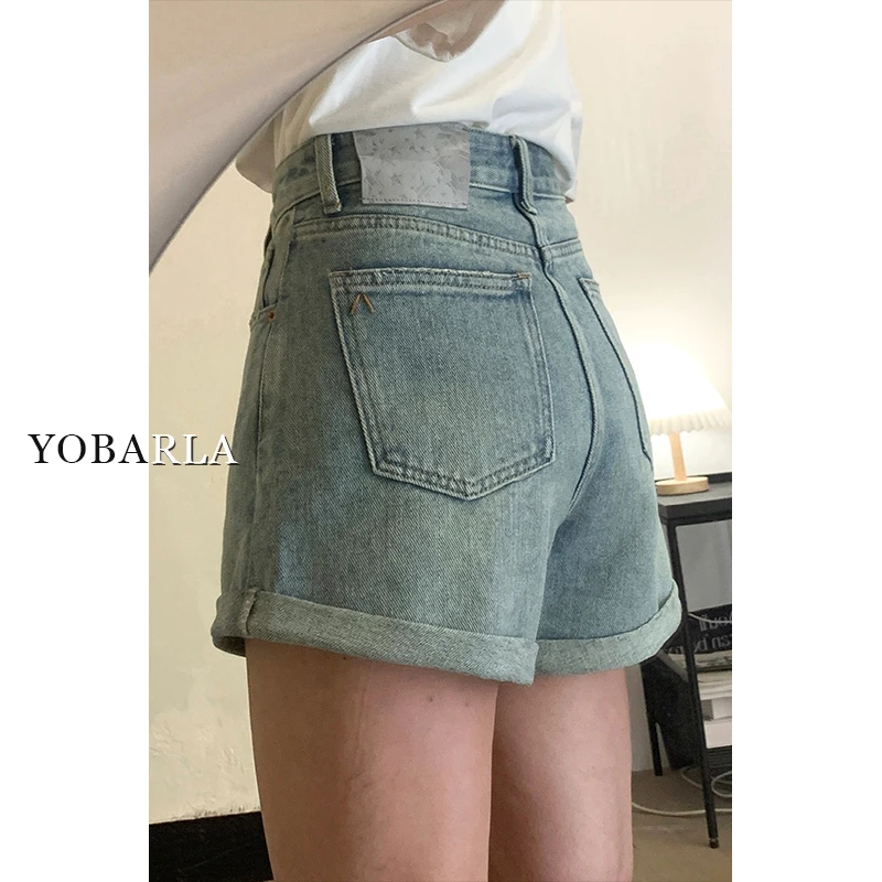 YOBARLA浅色牛仔短裤女高腰秋冬薄款新款遮胯显瘦梨形身材a字裤