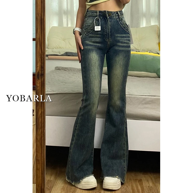 复古弹力毛边微喇牛仔裤女秋冬高腰大码胖mm显瘦梨形身材马蹄裤子