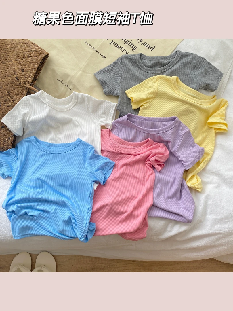 糖果色短袖年防蚊时尚洋气圆领T恤薄款男女宝宝休闲夏季中大童