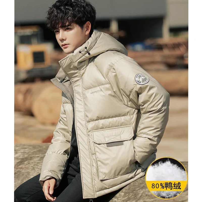 冬季潮牌连帽短款羽绒服男士轻薄休闲外套拼色加厚保暖2024年新款