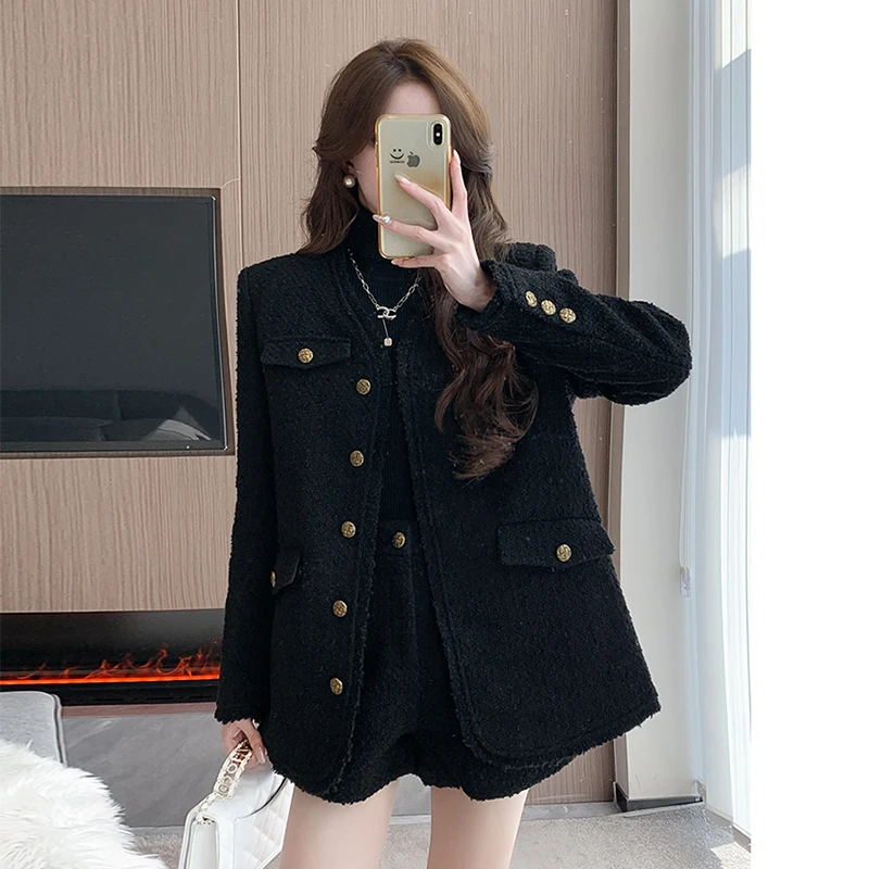 【AWEI】 大码2024冬季新款法式高级感显瘦小香风外套+短裤两件套