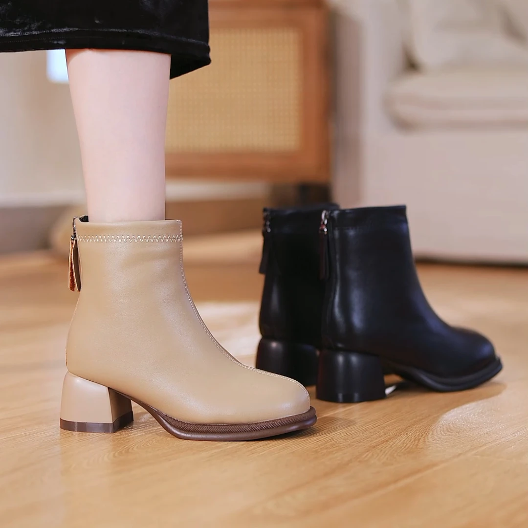 2024新品秋冬加绒加棉时尚百搭粗跟圆头短筒英伦风瘦瘦靴棉鞋短靴