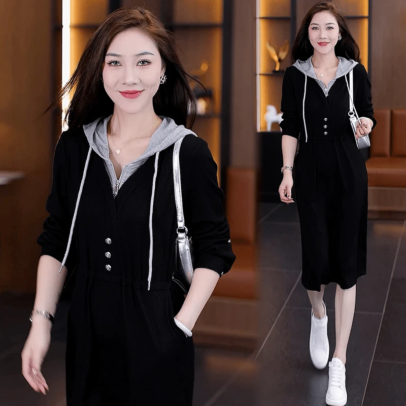 假两件拼接长袖连衣裙女2024早秋新款宽松显瘦小个子中长款卫衣裙