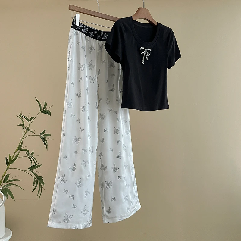 薏丝妮设计感时尚阔腿裤套装女夏新款时尚修身显瘦短袖T恤两件套