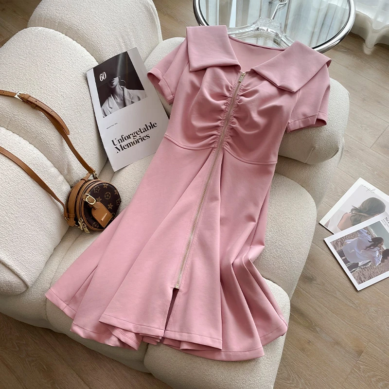 薏丝妮时尚网红爆款连衣裙女夏季法式名媛风娃娃领拉链A字长裙