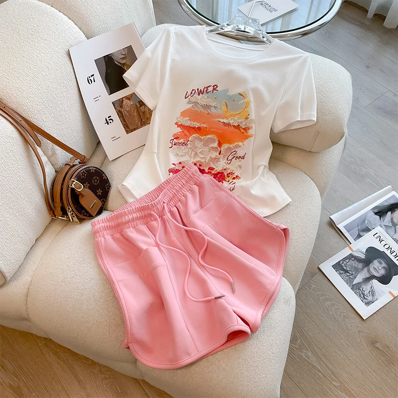 欧货高级时尚粉色短裤套装女夏季新款休闲烫钻印花圆领短袖两件套