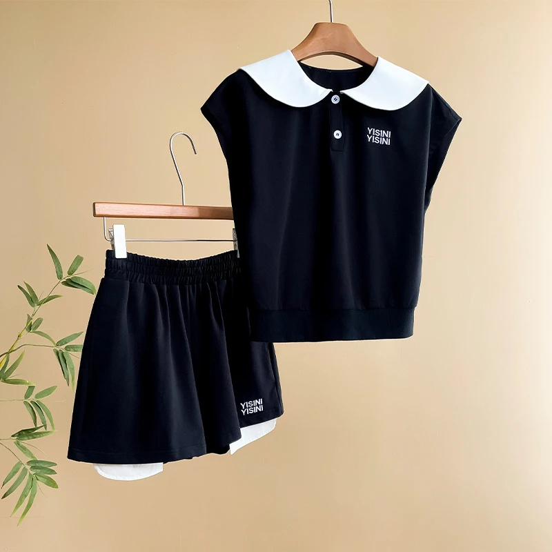 薏丝妮女夏季休闲运动套装海军领短袖上衣高腰显瘦短裤两件套显瘦