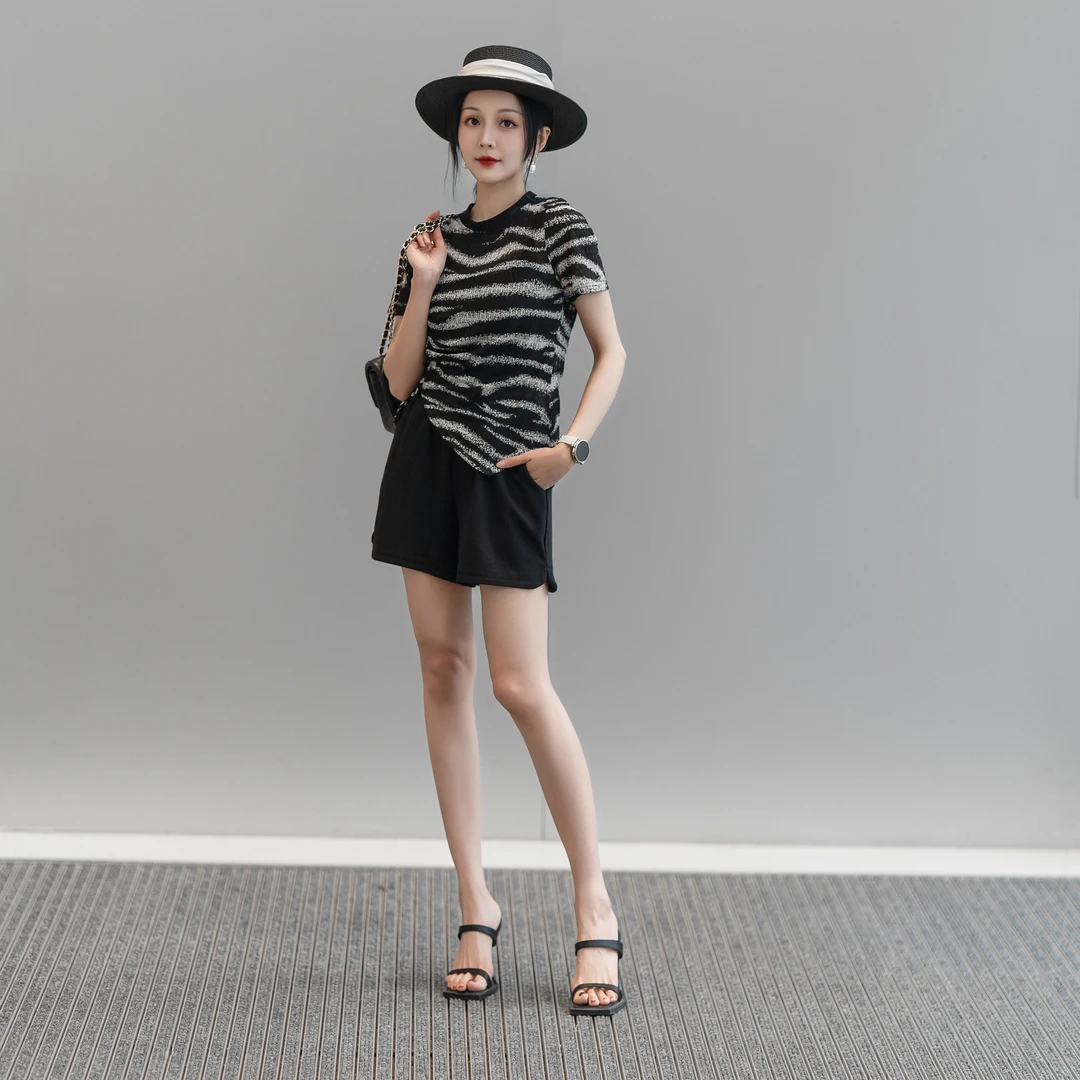 薏丝妮采洁严选●斑马纹夏季美式休闲运动套装短袖上衣短裤两件套