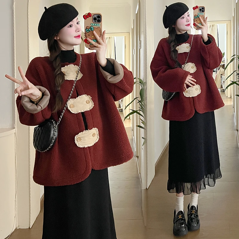 红色过年战袍秋冬装时尚套装高级感中式国风加厚孕妇装过年穿洋气