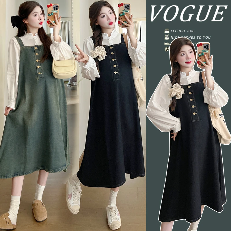 孕妇装秋装时尚高级感牛仔背带裙韩版背心孕妇连衣裙大码宽松春秋