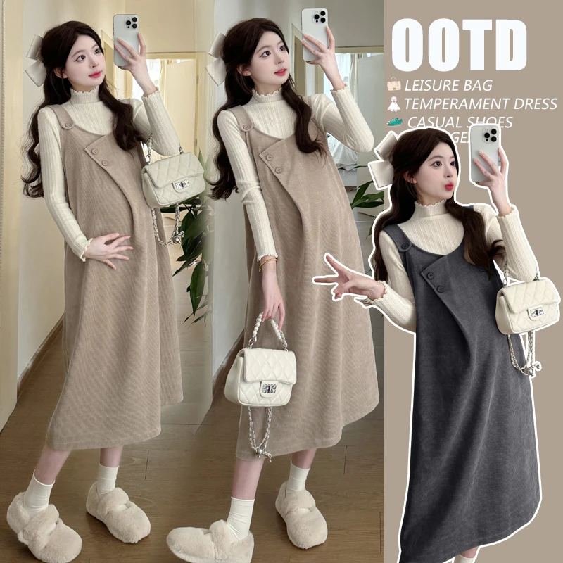 孕妇装套装时尚洋气秋冬季厚款背带孕妇连衣裙百搭花边打底两件套