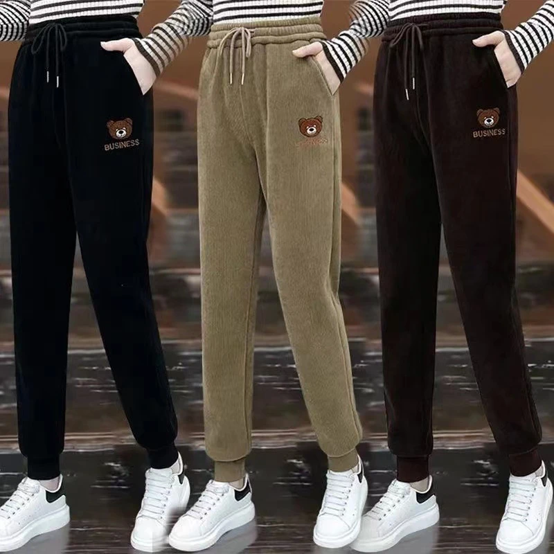 【加绒加厚】2024新款高腰显瘦休闲小熊哈伦裤运动束脚灯芯绒裤