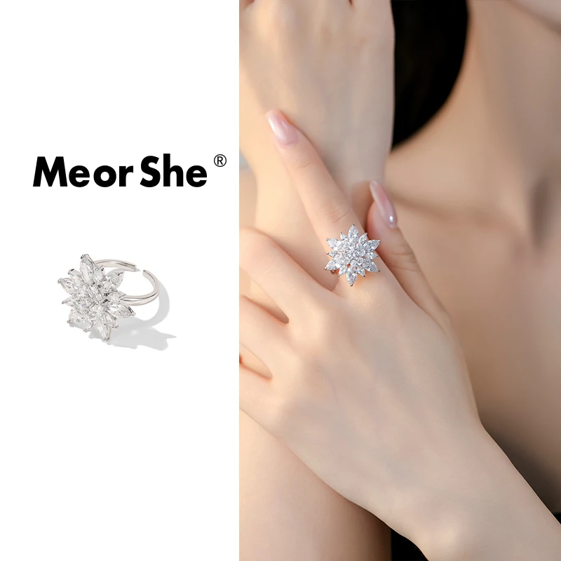 MeorShe 铜合金合成锆石戒指 锆石花朵简约轻奢优雅可调节戒指ins