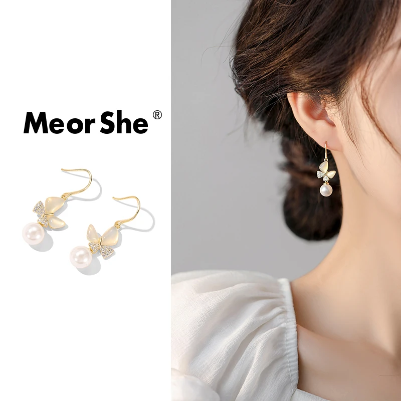 MeorShe 铜合金耳饰 时尚贝珠小众甜美设计蝴蝶轻奢气质耳饰百搭