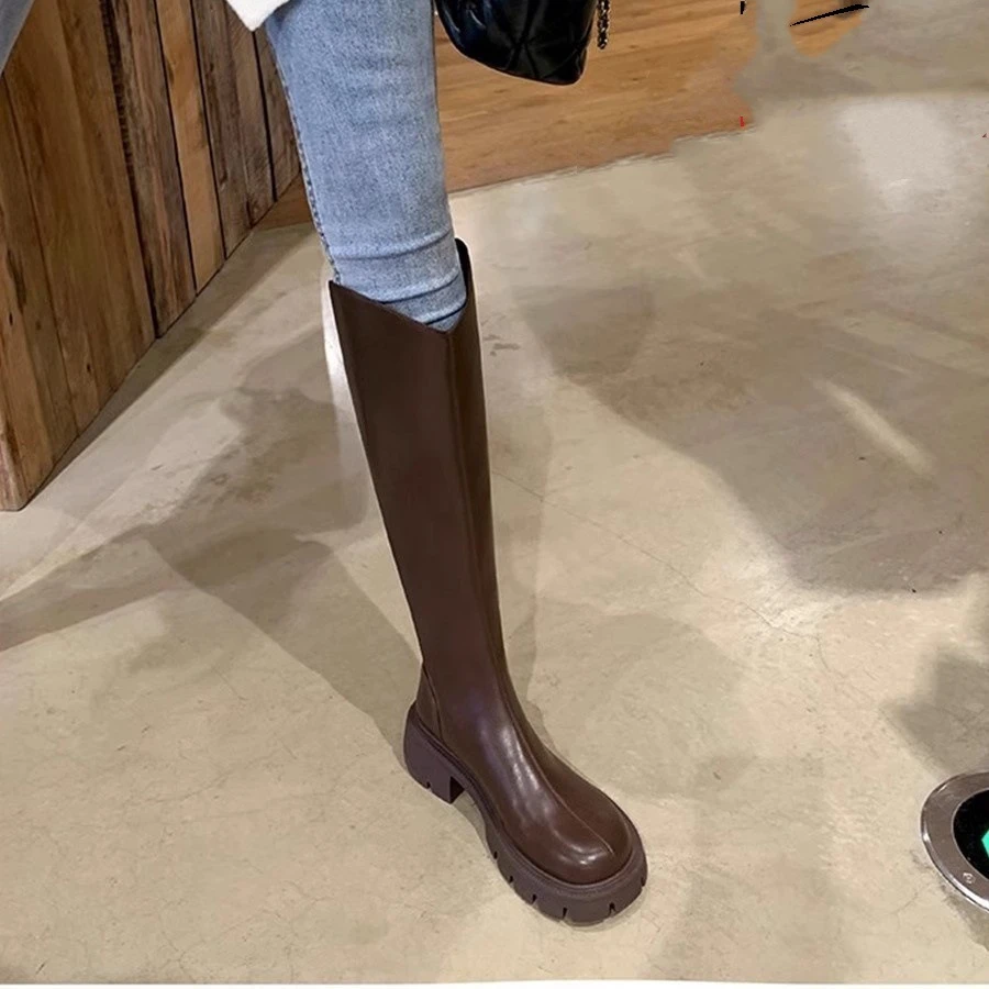 F37【新疆包邮】不过膝长靴女款后拉链粗跟圆头高筒骑士靴