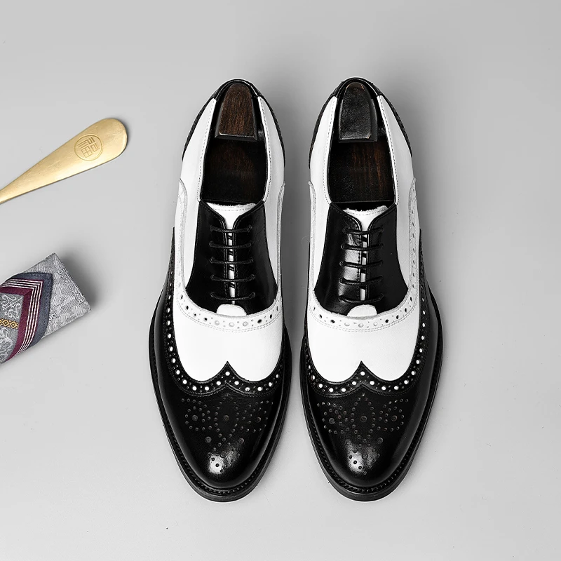 男士黑白撞色拼接巴洛克雕花鞋子复古英伦潮鞋黄白拼色布洛克皮鞋