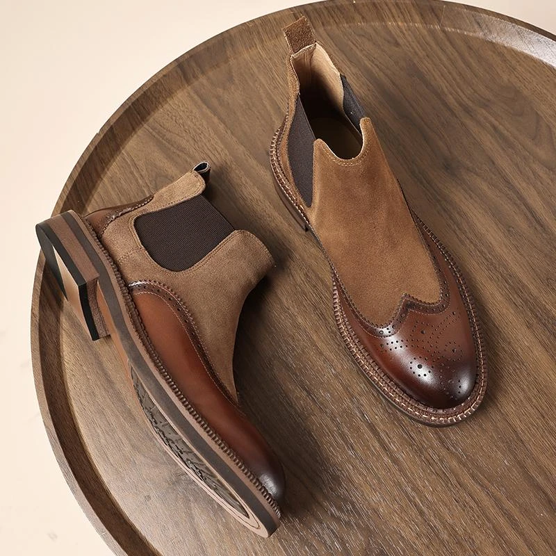 布洛克时尚切尔西靴男尖头短靴英伦雕花真皮加绒保暖高帮皮鞋秋冬