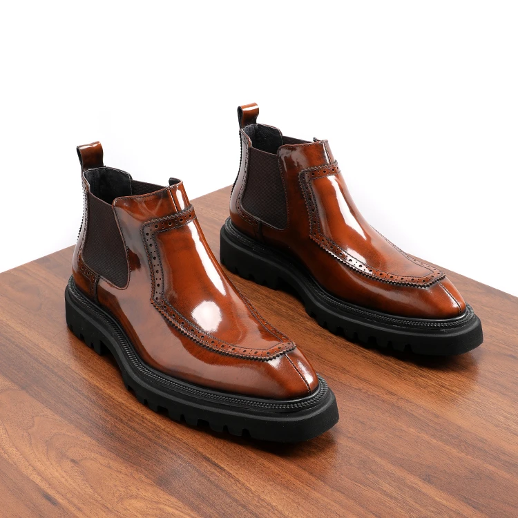 潮款厚底男士短靴英伦风开边珠牛皮亮面真皮男靴加绒切尔西靴秋冬