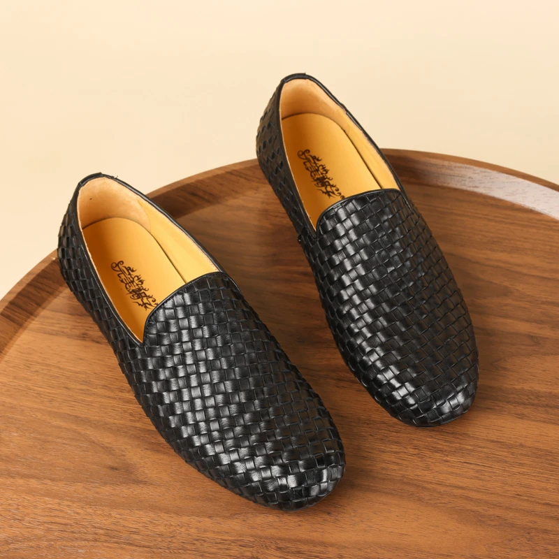 欧版潮款头层牛皮一脚蹬休闲鞋男透气编织男士驾车鞋单鞋子小白鞋