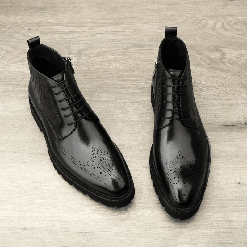 秋冬真皮商务高帮皮鞋男士短靴英伦潮流马丁靴尖头布洛克雕花男靴