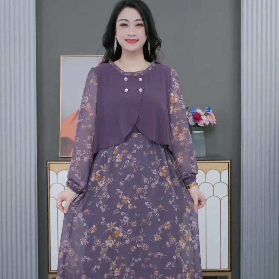 大码女装春季紫色气质新款休闲碎花时尚碎花宽松遮肚裙240169