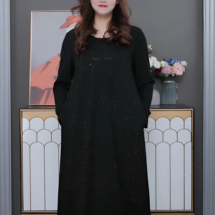 木棉林大码女装2024烫钻连衣裙时尚简约百搭圆领裙子ZB5834长袖