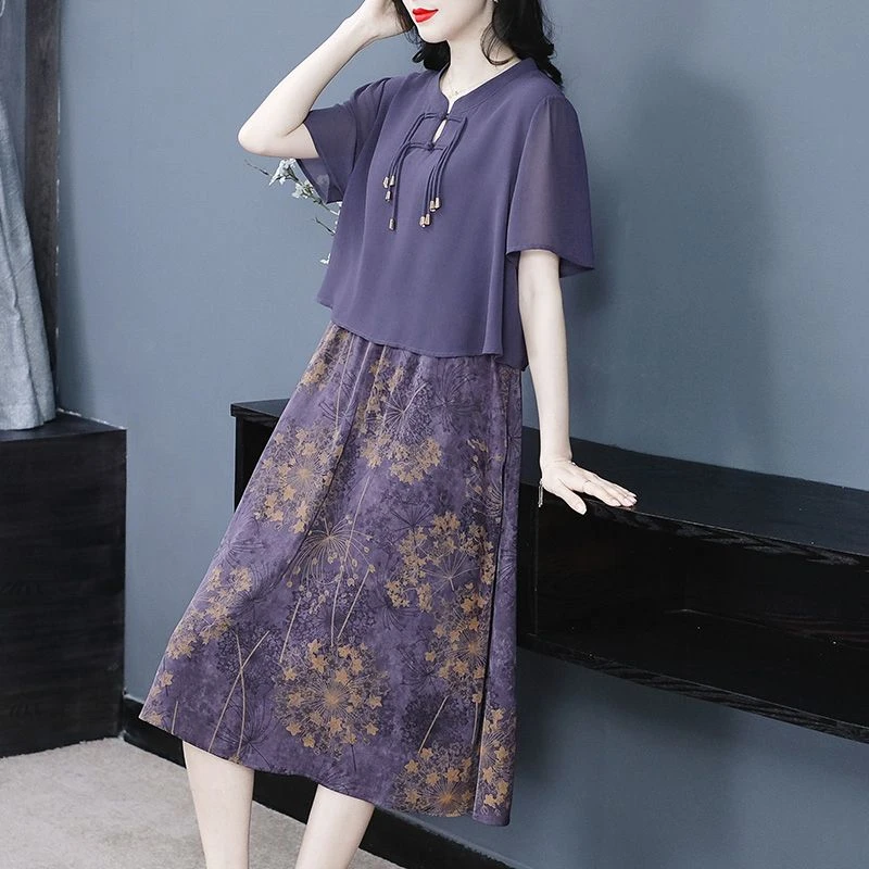 大码女装拼接连衣裙女2024夏季胖美人复古盘扣显瘦遮肉碎花连衣裙