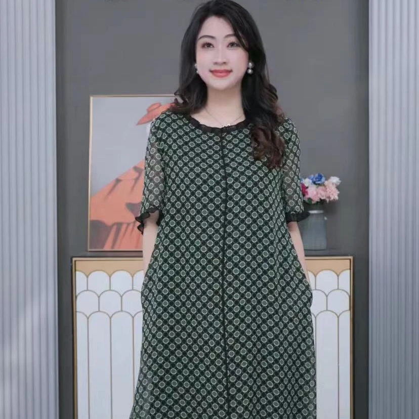 木棉林大码女装绿色波点夏季气质减龄显瘦碎花裙宽松遮肚裙240556
