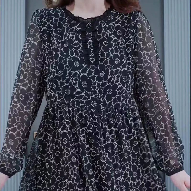 长袖收腰a字大码女装印花气质木耳边显瘦遮肉减龄连衣裙 229589