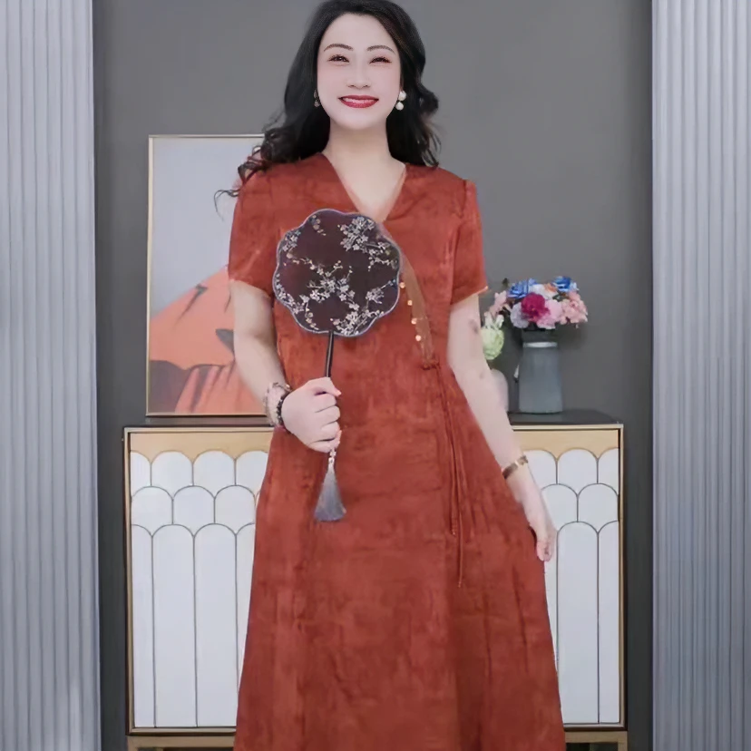 大码女装新款连衣裙女夏季胖美人复古盘扣印花碎花连衣裙240901