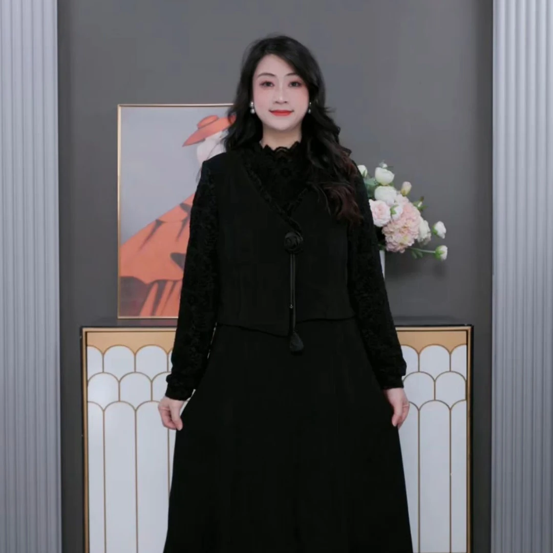 木棉林大码女装假两件蕾丝裙子秋冬新款气质宽松显瘦连衣裙241038