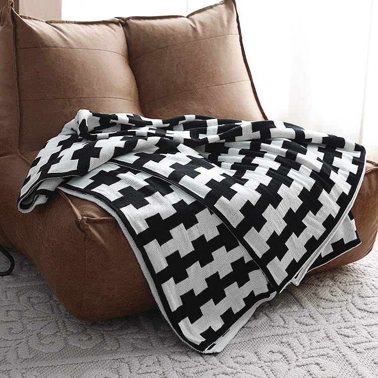 北欧黑白简约风双层针织装饰毛线毯春秋空调午休单人盖毯新款包邮