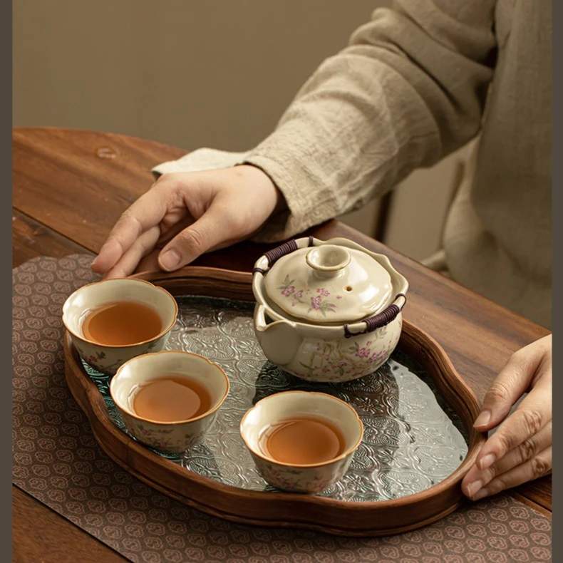 米黄汝窑手抓壶干泡盘简约茶杯茶盘防烫泡茶碗开片功夫茶具中式